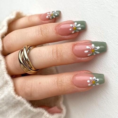 Coffin Press on Nails Medium Green French Tip False Nails with White Flower