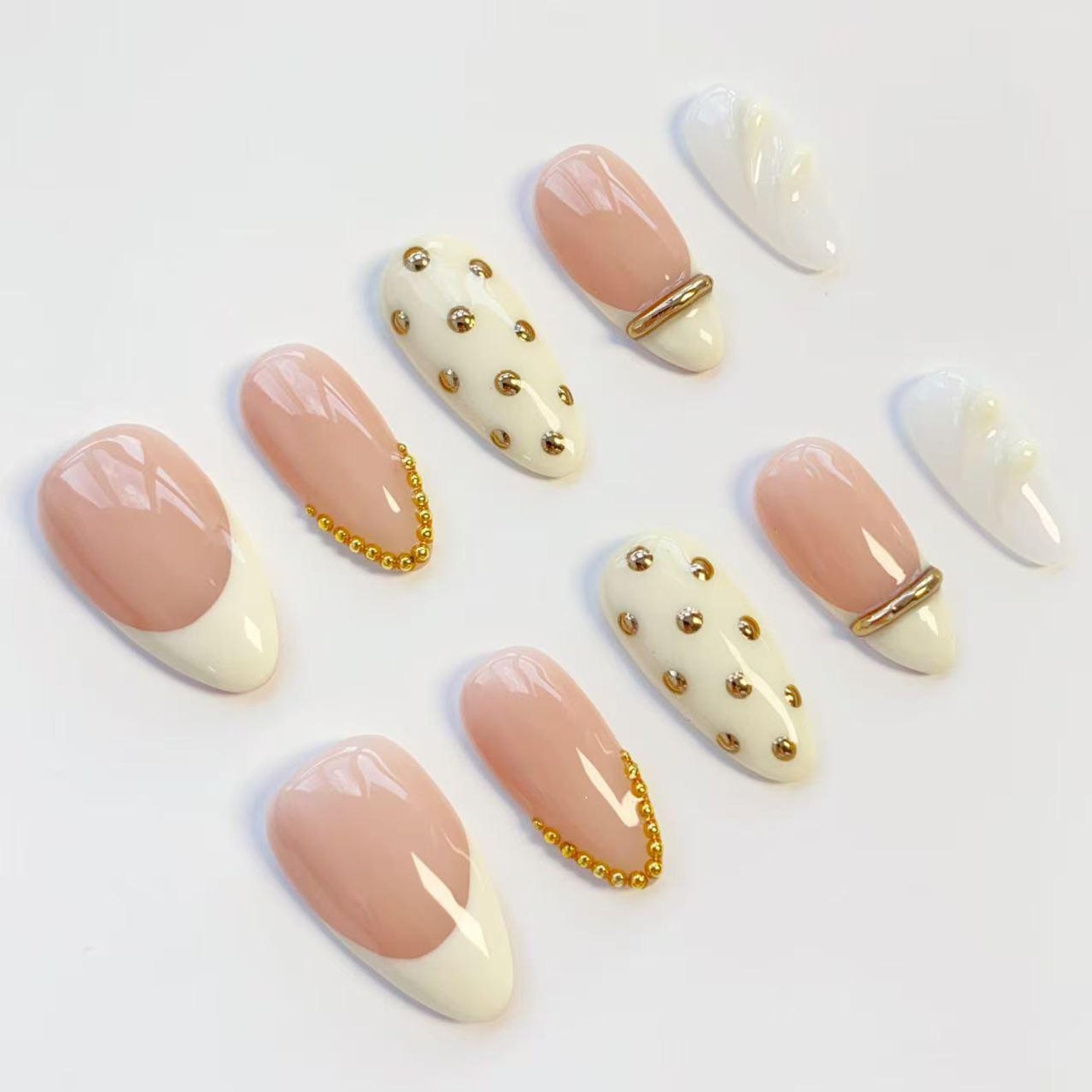 Handmade Nude White French Gold Bead Chain Medium Almond Press on Nails