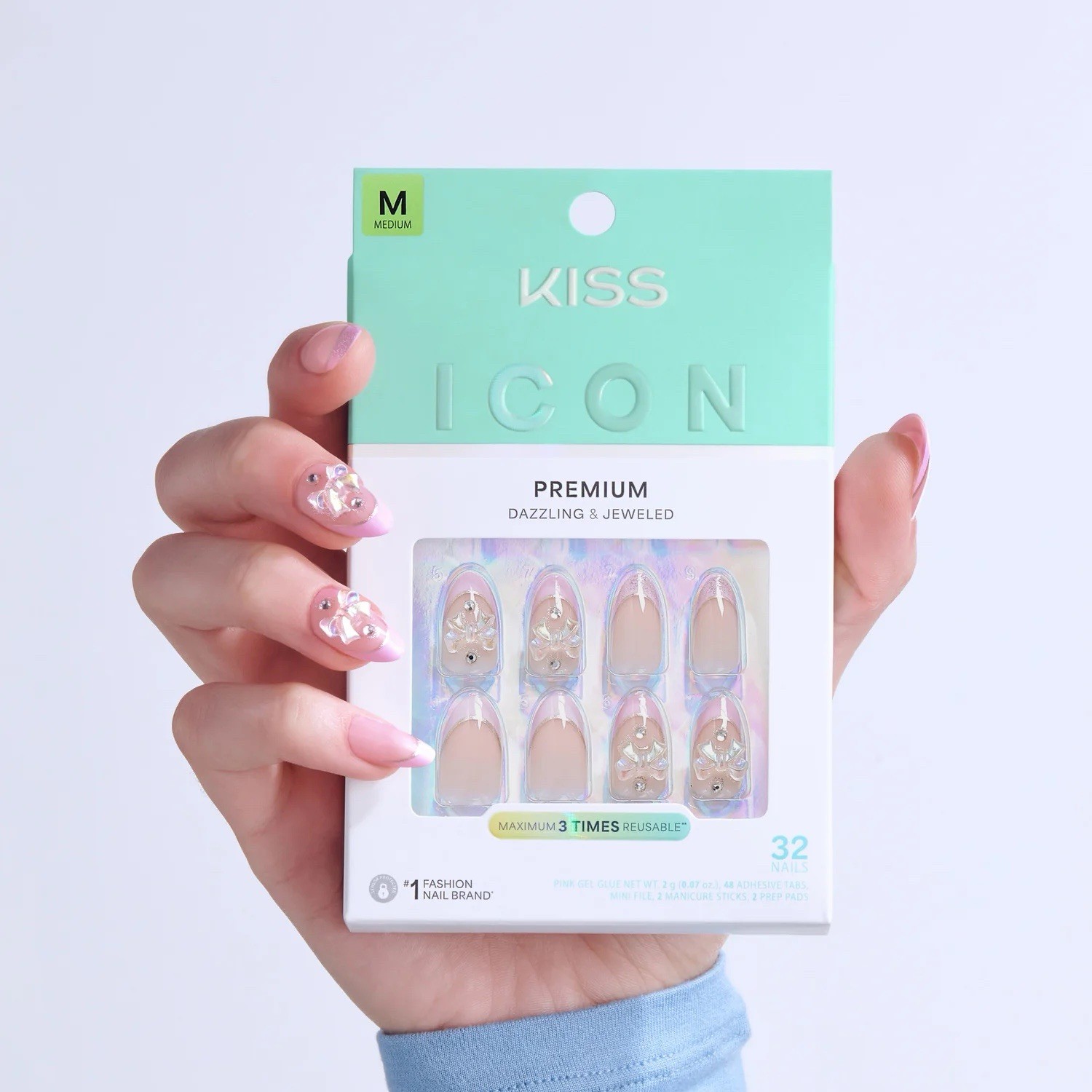 Kiss Medium Almond Pink 3D Shiny Sparkle Press-On Nails Full Cover Reusable