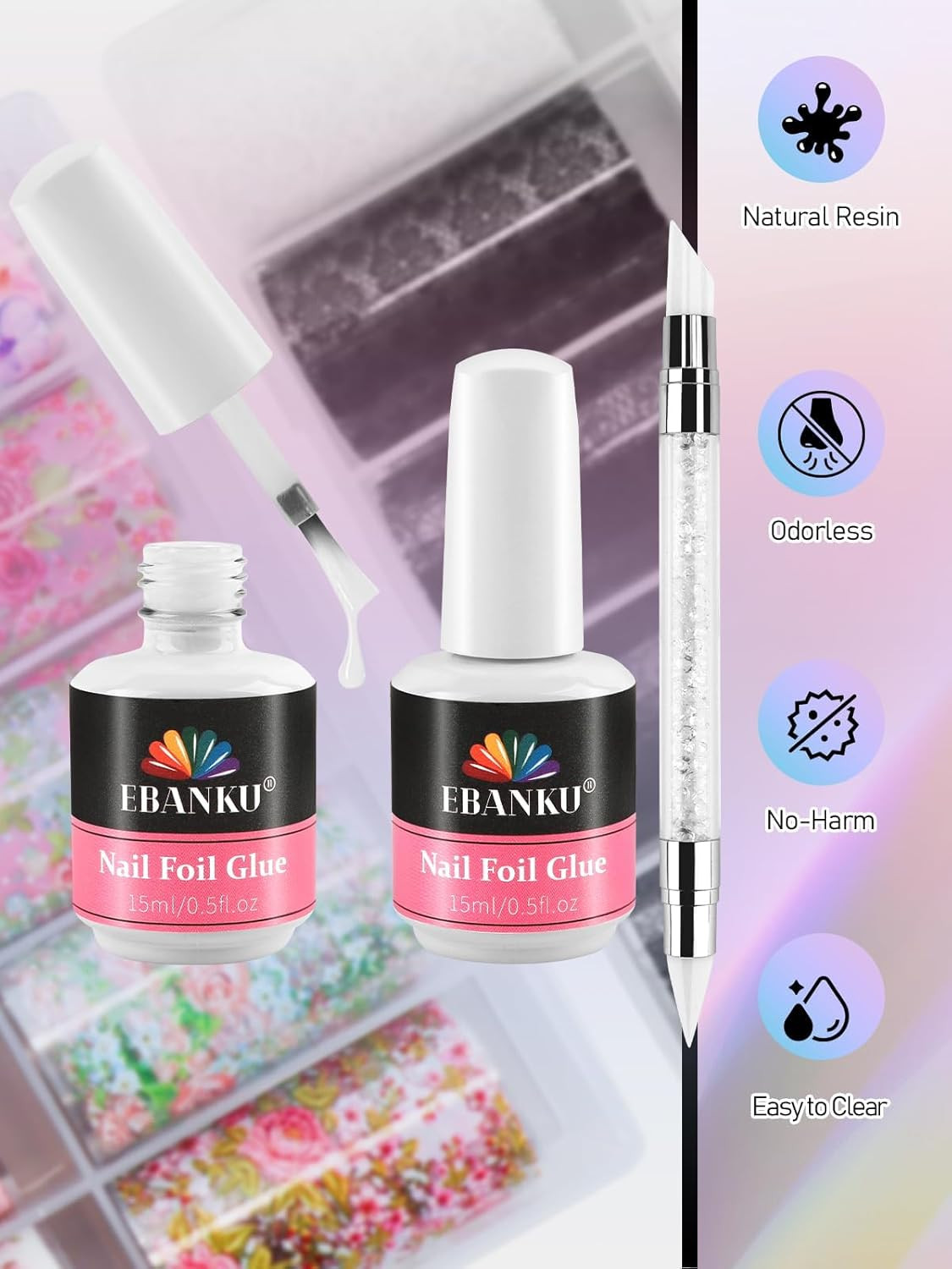 EBANKU 80 Pcs Nail Art Foil with 30ML Nail Foil Glue Gel, Starry Sky Flower Foil