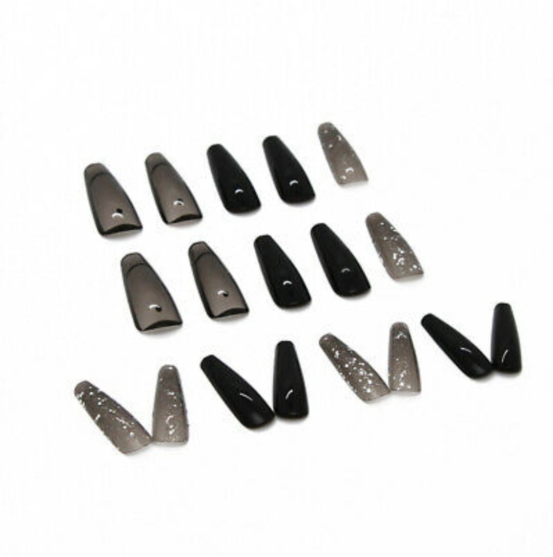 24 Long Jelly Black Clear press on nails kit with glue monochrome gray