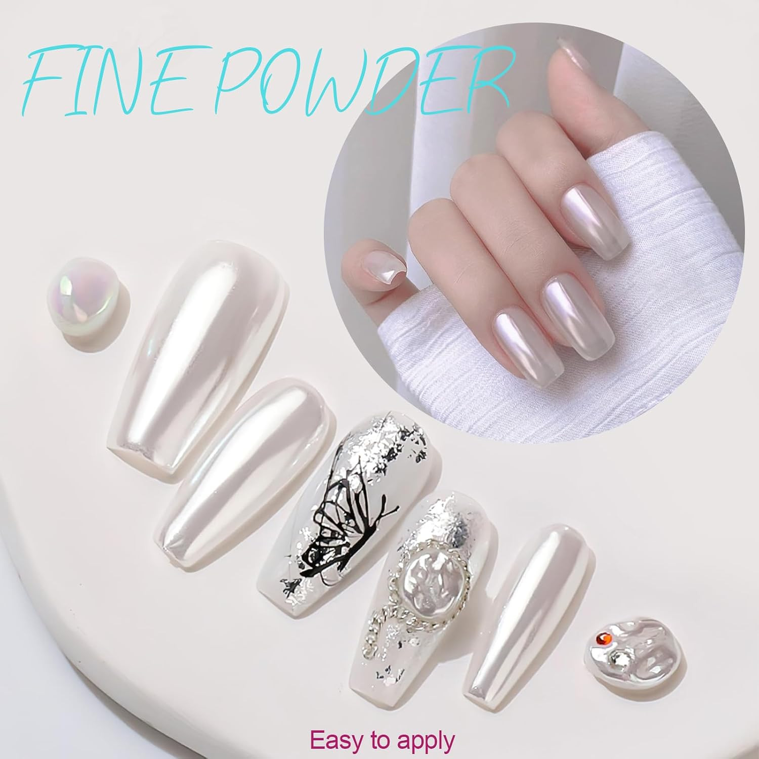 16Jars Chrome Nail Powder Magic White Pearl | Colored Mirror Effect Silver Gold