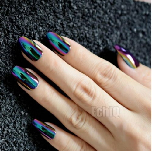 Rainbow Gradiant Metallic Nails-Nail Art-Fashion Nails-Oval Long Fingernails