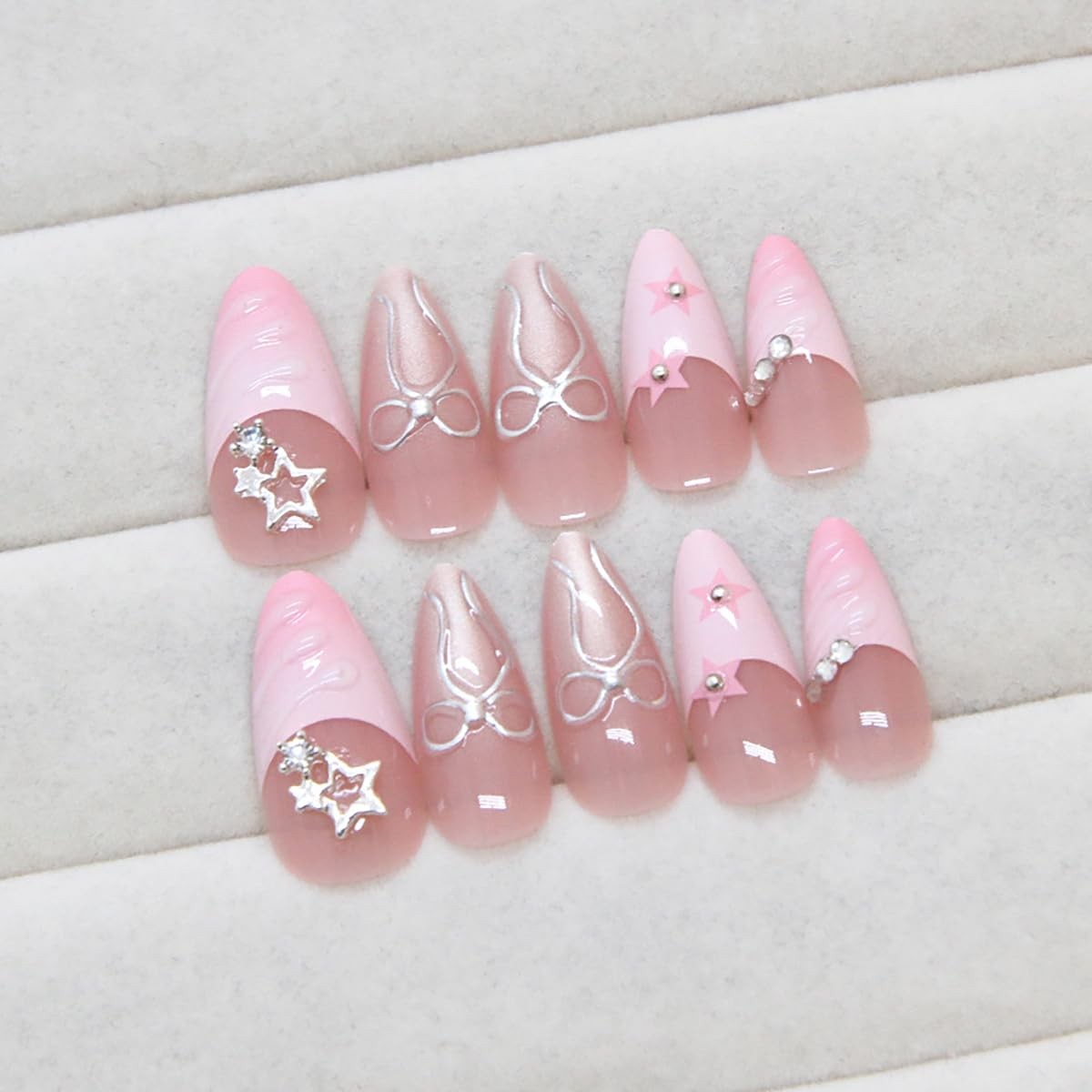24Pcs Pink French Tip Press on Nails Medium Almond Fake Nails with Rhinestone…