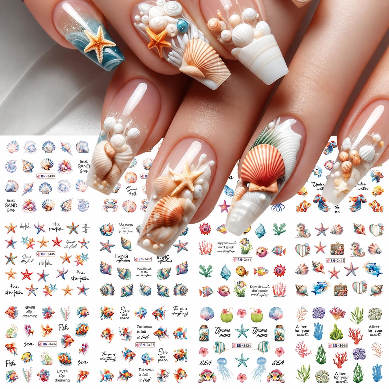 Summer Ocean Water Transfer Nail Stickers, Sea Life Nail Decals with Shell St…