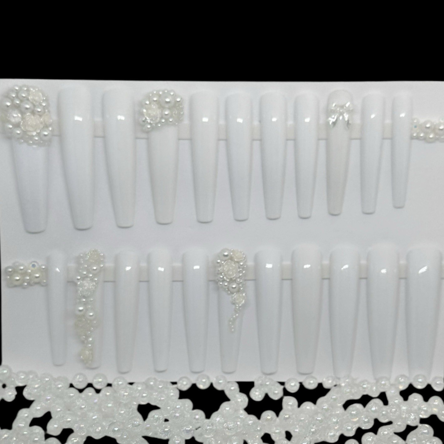 Handmade Custom Press on Nails 2X Long Coffin Wedding White Pearls & Roses Nails