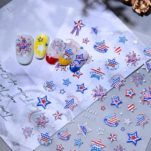 4th of July Nail Stickers 5D Embossed Star Decals Red White Blue Pattern27