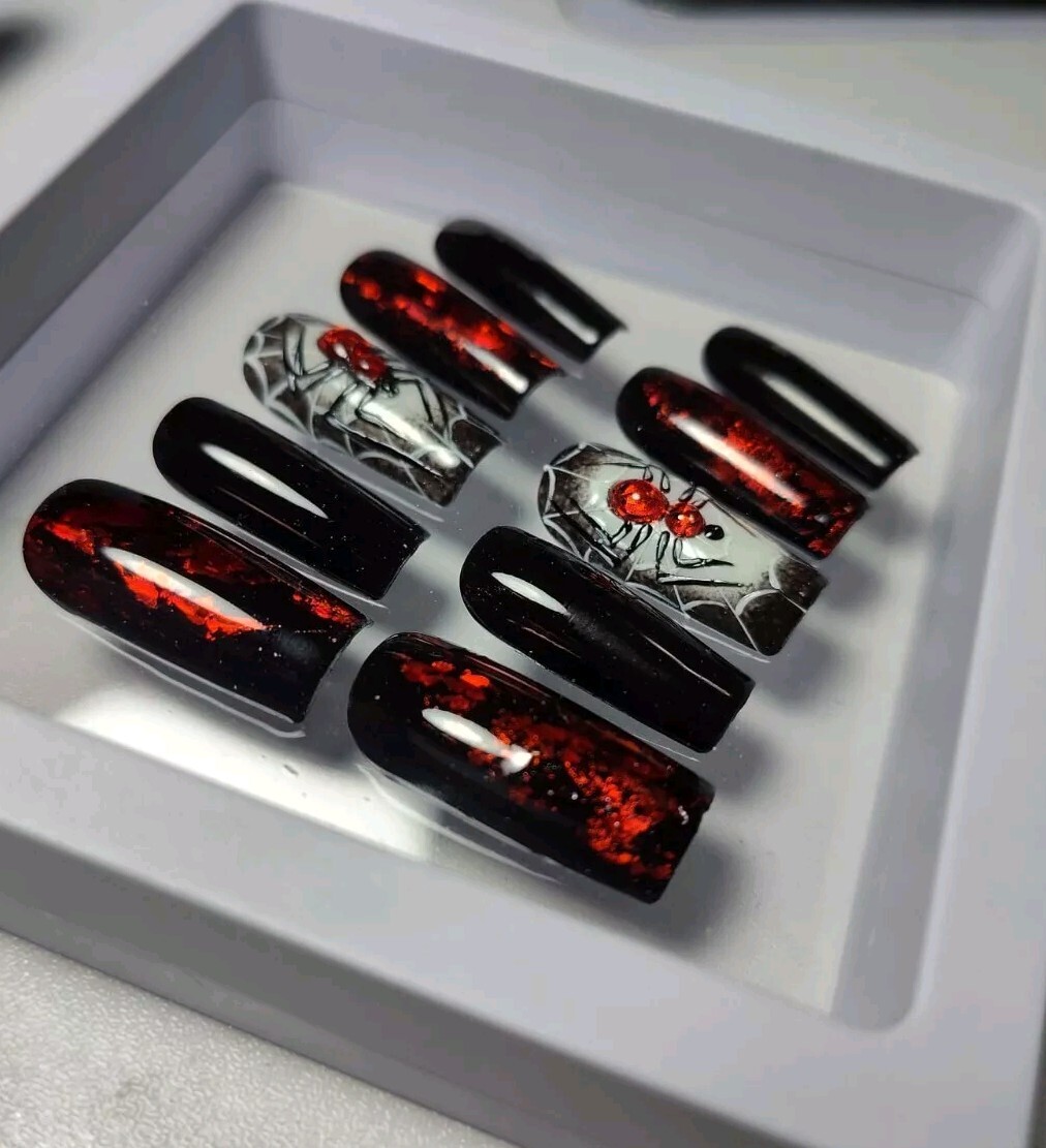 Handmade Spider Press On Finger Nails Black Nail Art