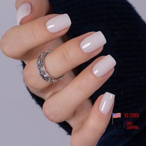 Short Square Apricot Design Press On Nails, Milky White, Soft Clean Milky Nude