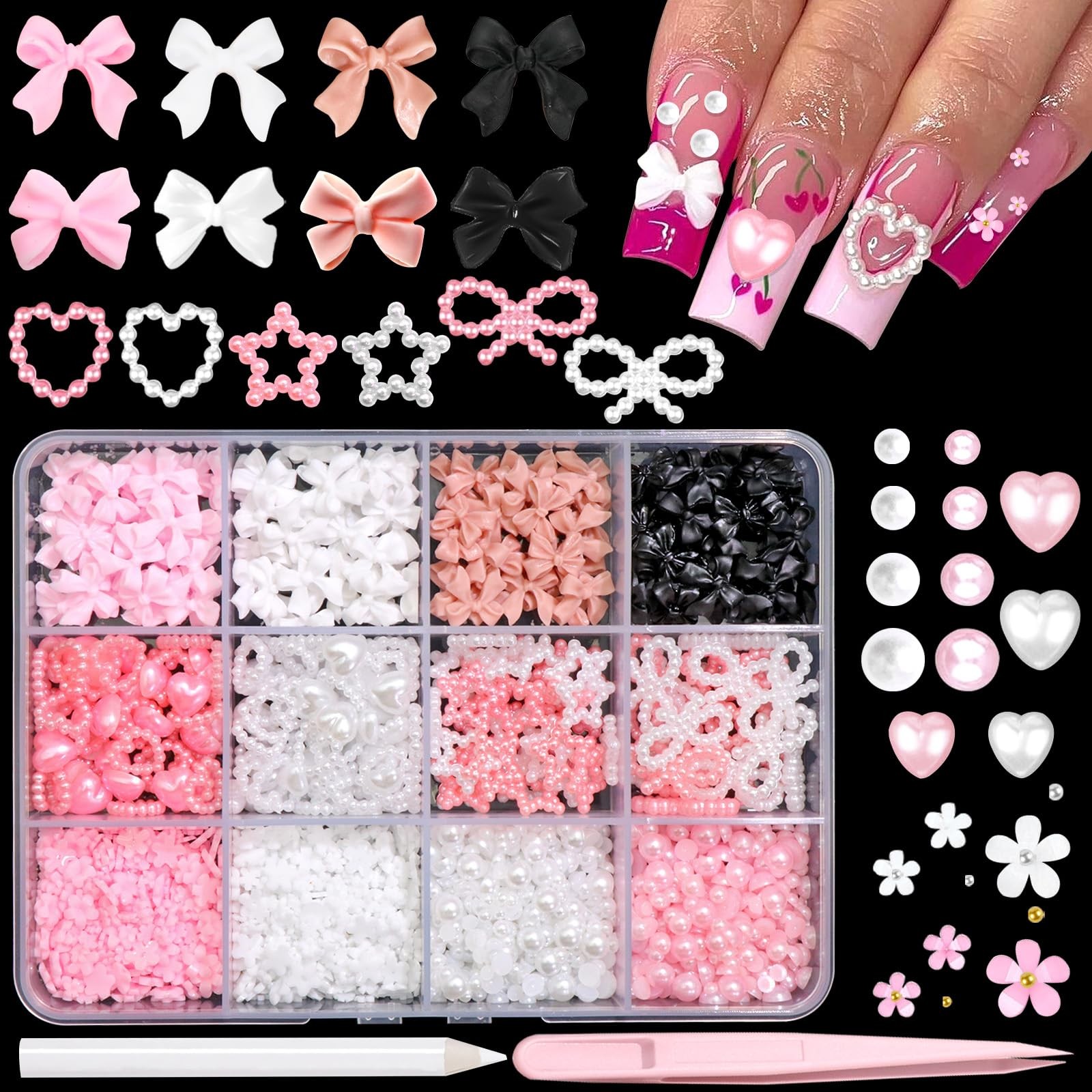3D Bow Nail Charms 600PCS Nail Flowers Pink&White Flatback Pearls Beads Star Hea