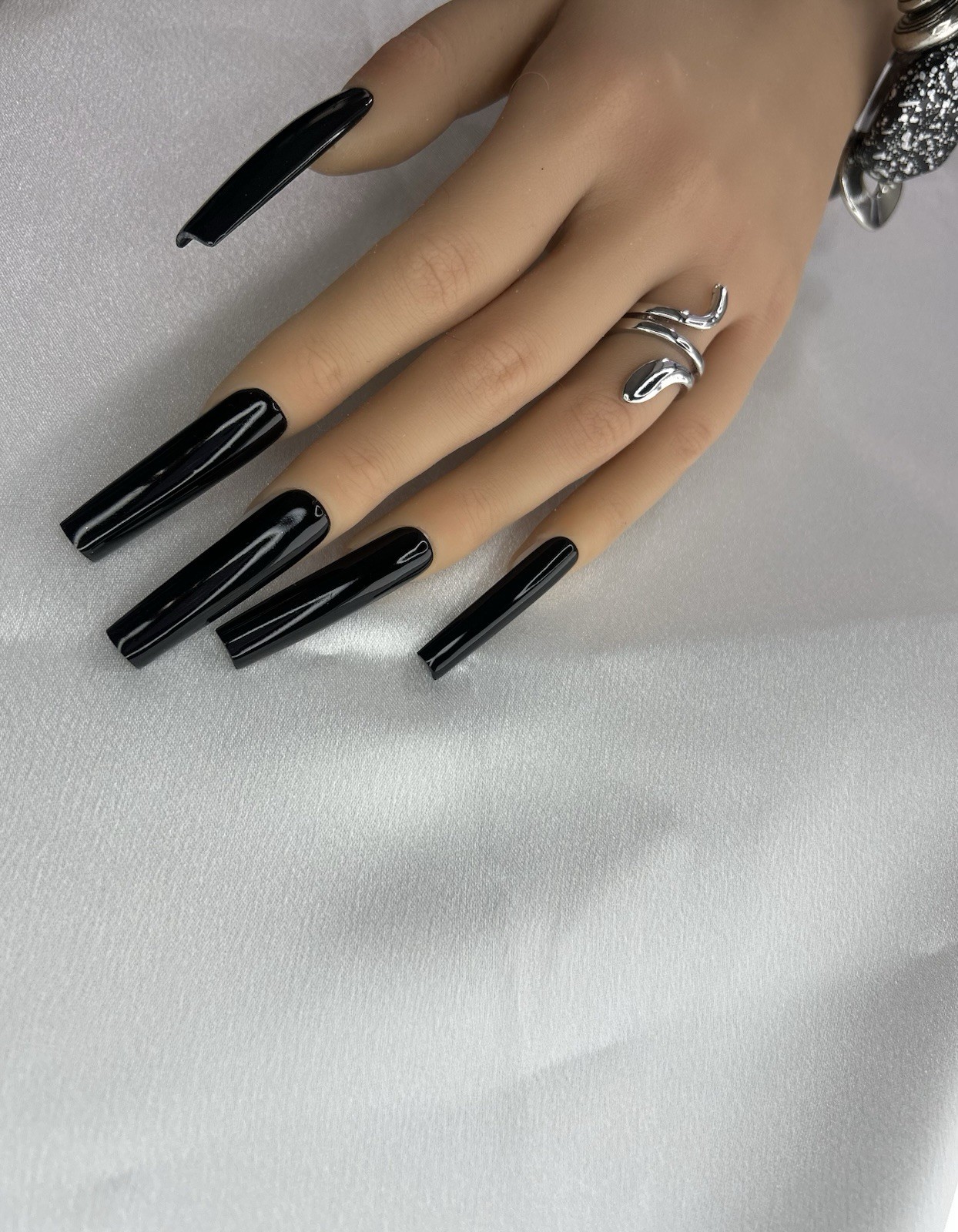 Black Glossy Press On Nails Long square Full Cover Reusable Fake Nails