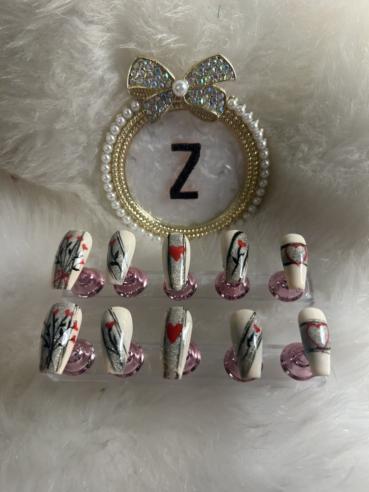 Z NAILZ! Handmade Beige M Coffin With Black/ Red Love Heart V Day Press On Nails