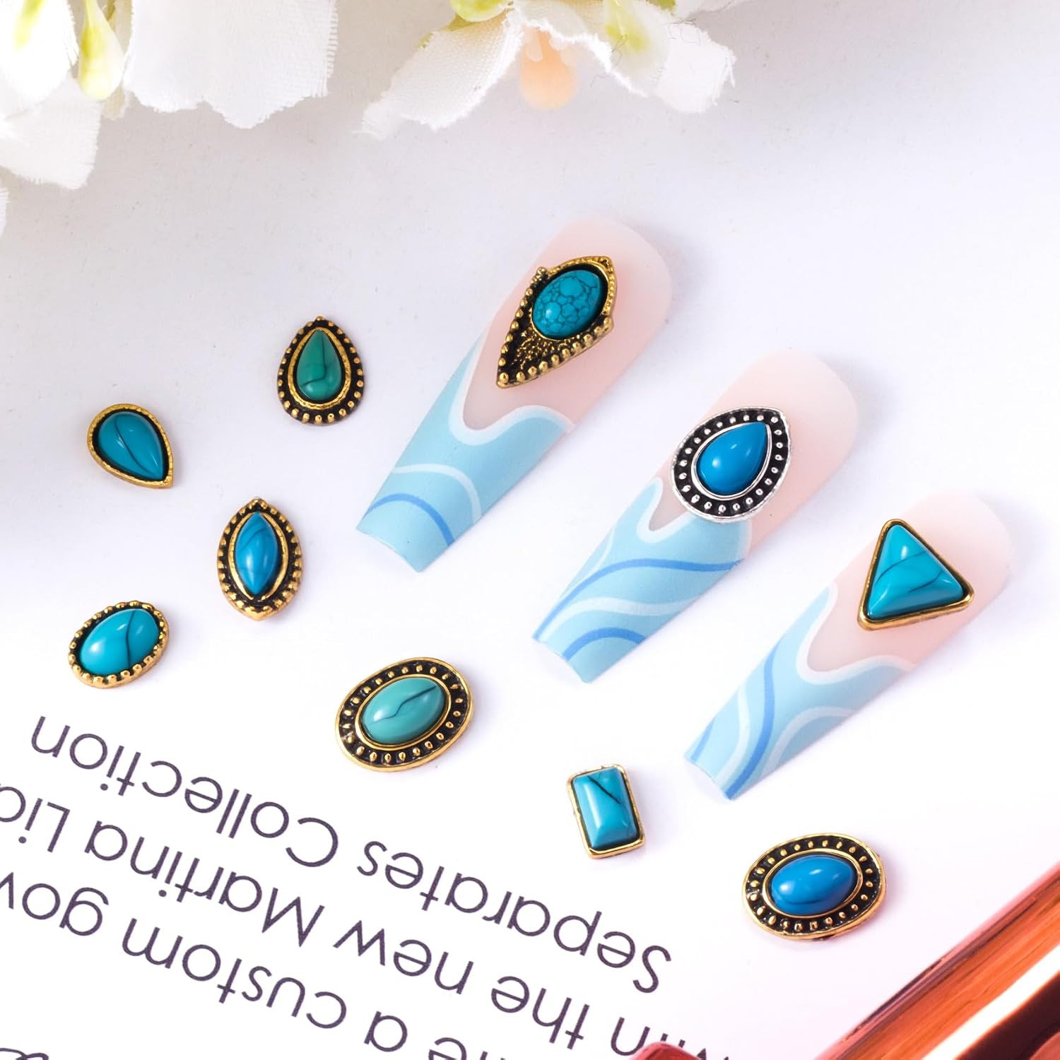 20Pcs Western Nail Charm, 10 Styles Turquoise Nail Art Rhinestones | 3D Vintage