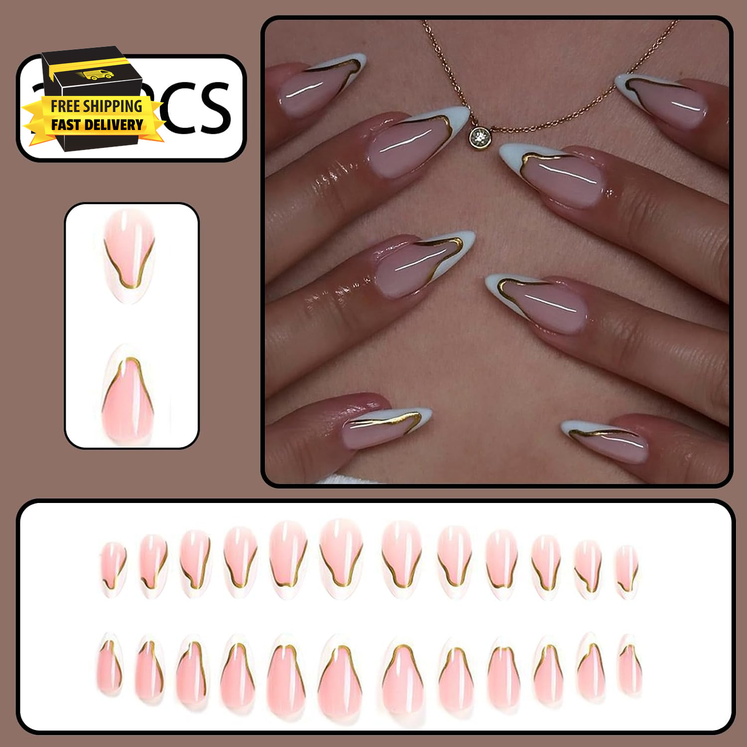 White French Tip Press on Nails Short Almond Fake Nails with Chrome 3D Gold Wave