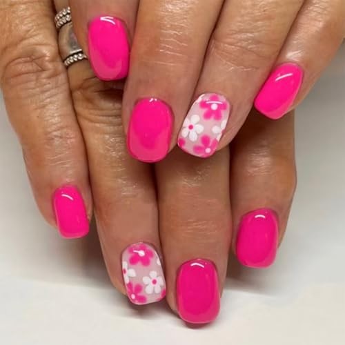 Hot Pink Press on Nails Square Fake Nails Flowers Short Hot Pink Flower Designs
