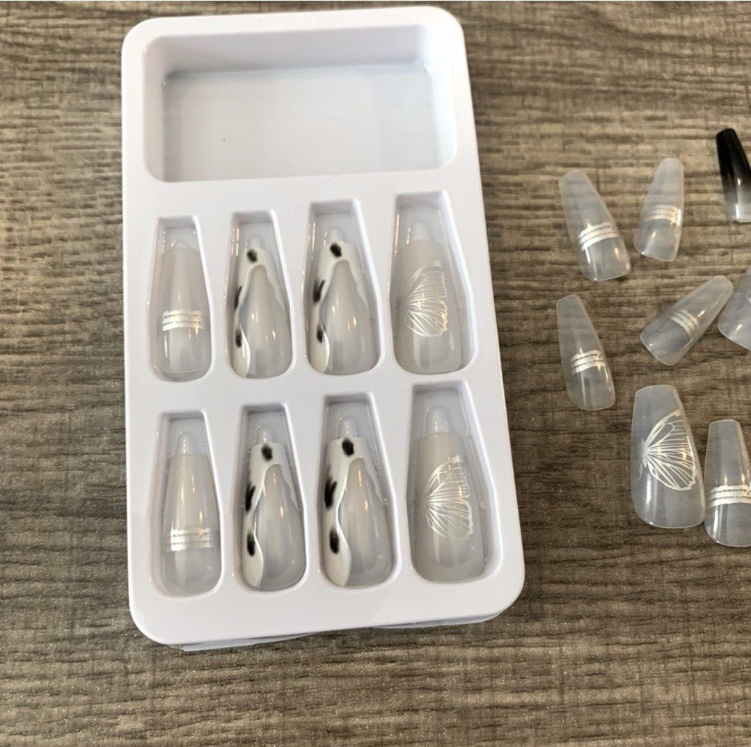 Long Black & Grey Butterfly Press On Nails 24 Pieces