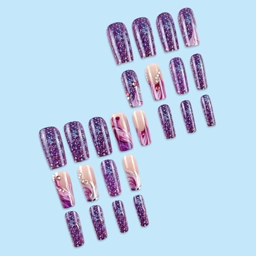 24Pcs Purple Press on Nails Medium Square Fake Nails with Rhinestone Style 4