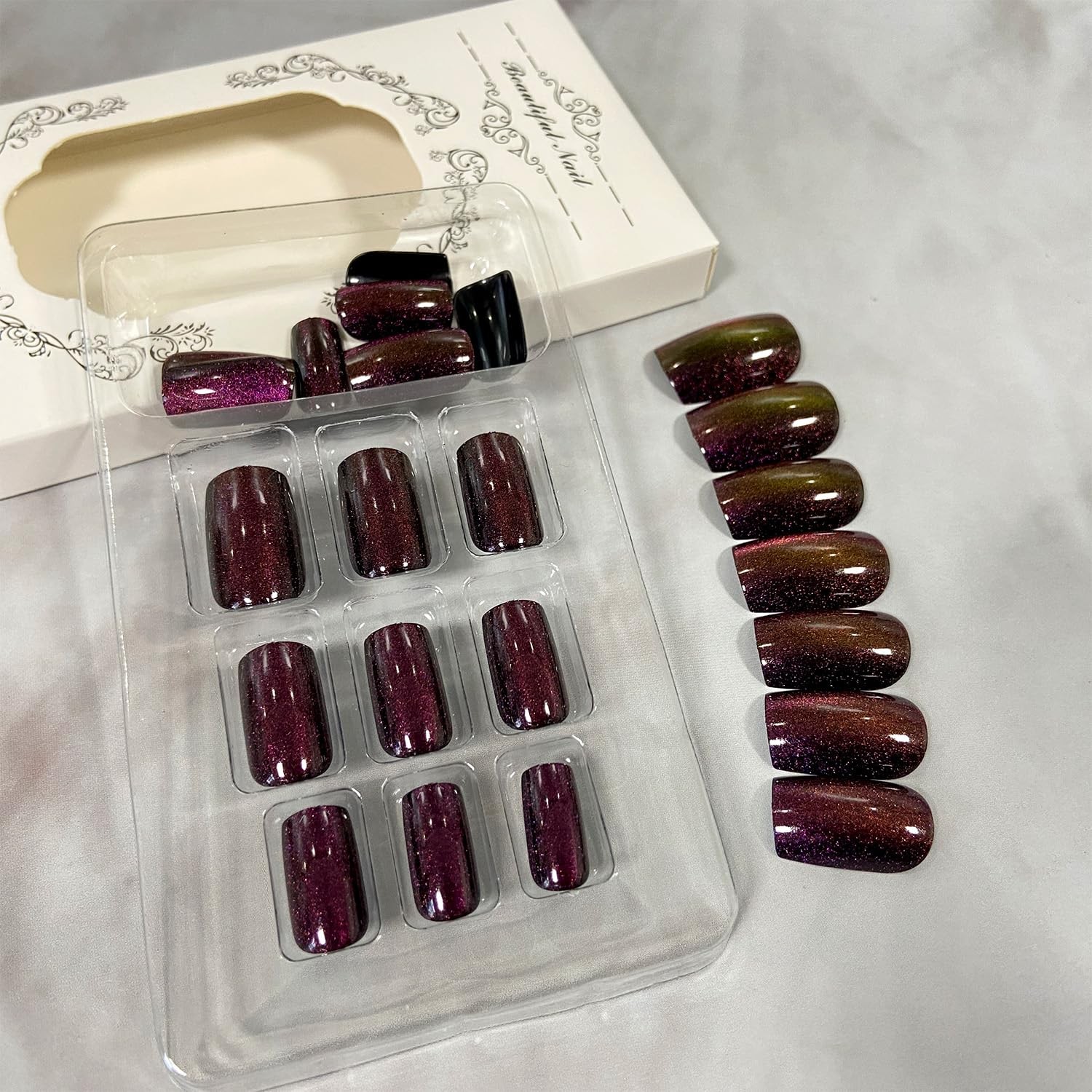 Glitter Dark Purple Cat Eye Press on Nails 1 Fl Oz (Pack of 1), multicolor
