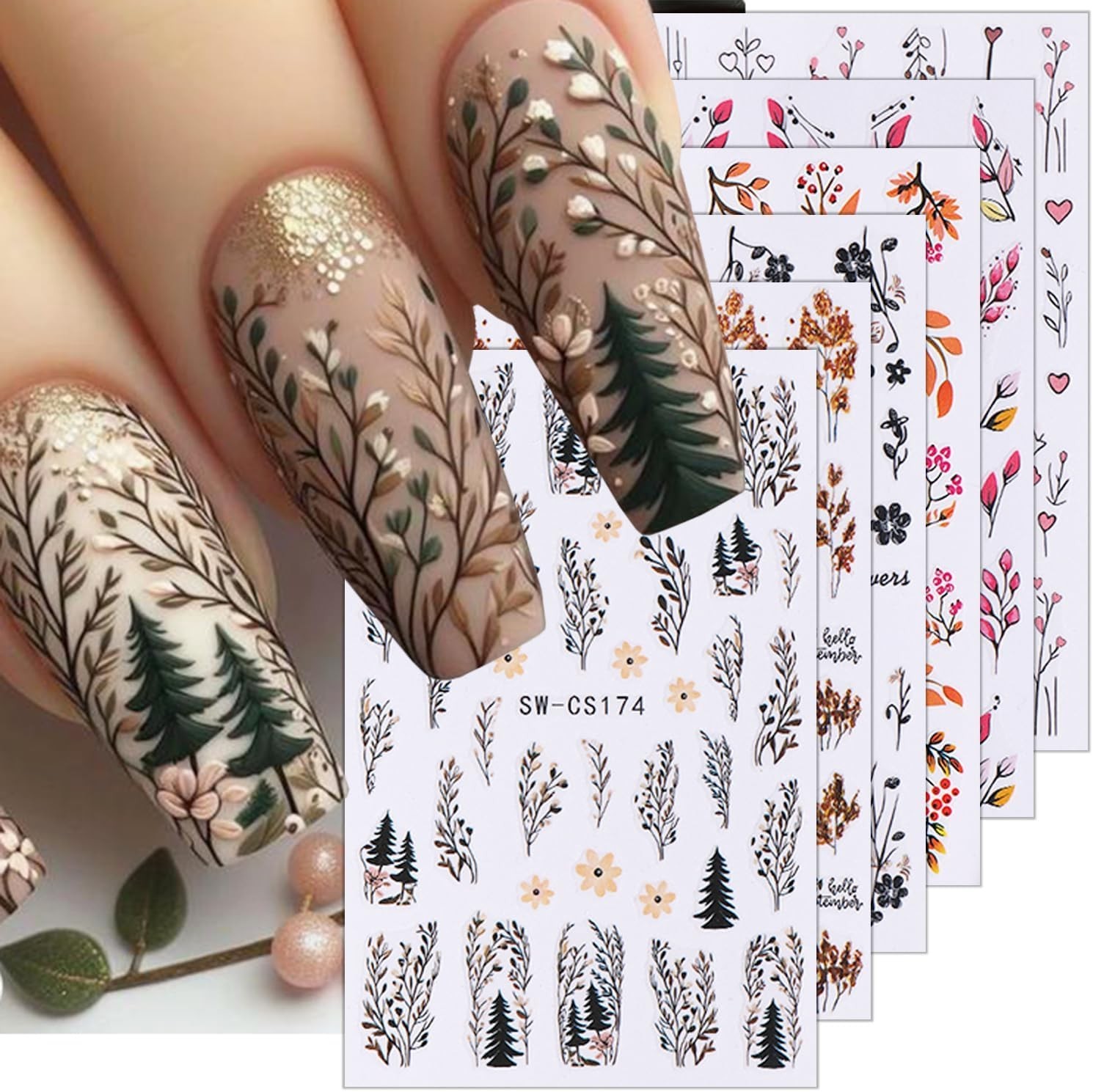 6 Sheets Fall Nail Stickers for Nail Art Black Flower Pine Nail Art Stickers …