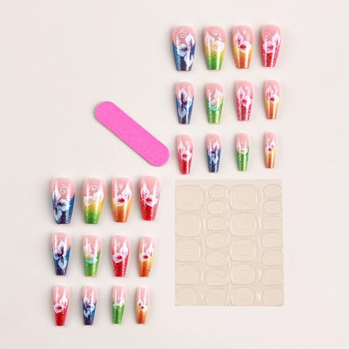 Coffin Press on Nails Medium Long Colorful Neon Fake Nails with Glitter Gold