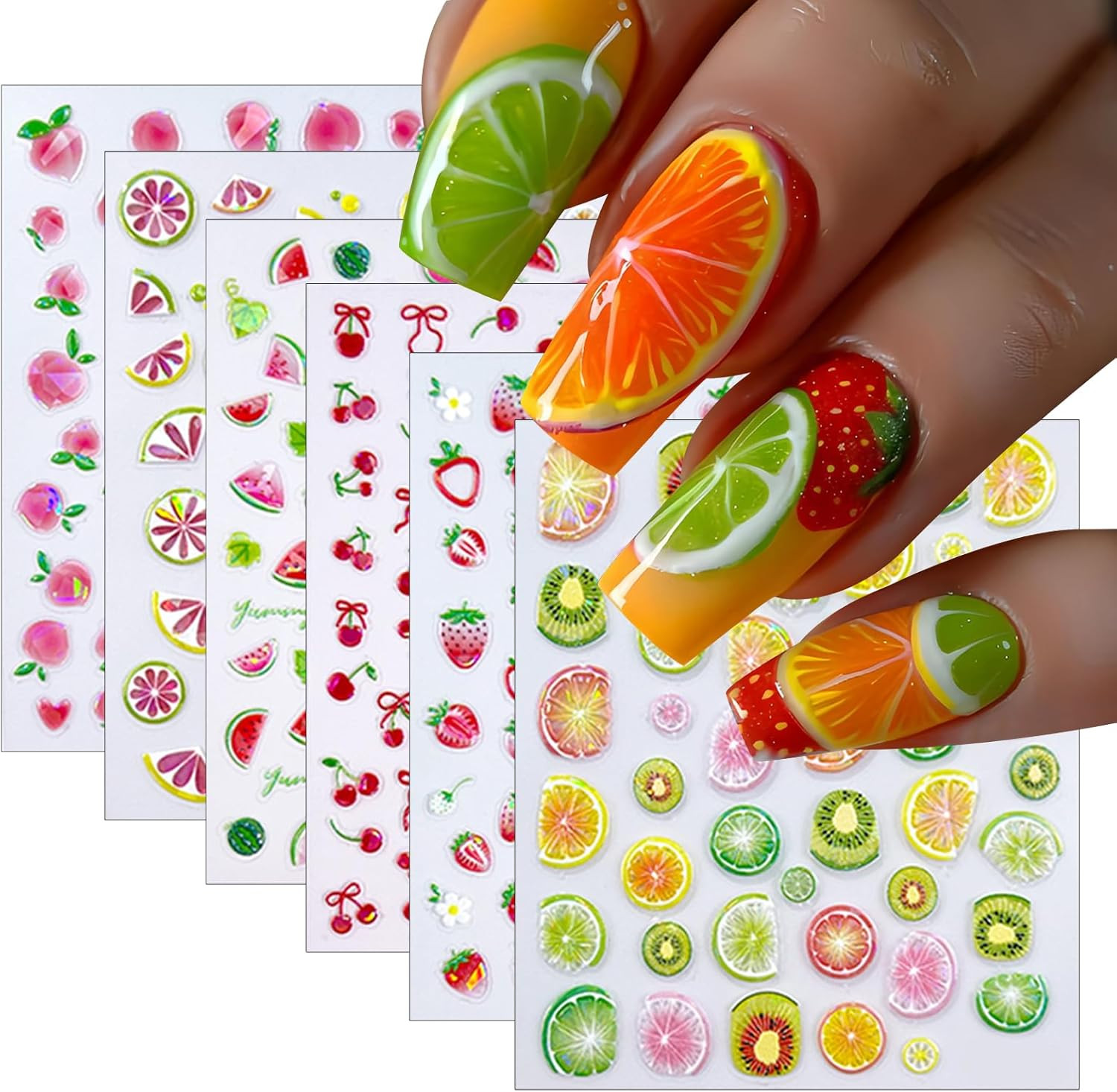 3 Sheets Summer Fruit Nail Art Stickers 5D Self-Adhesive Shell Light Embossed Le