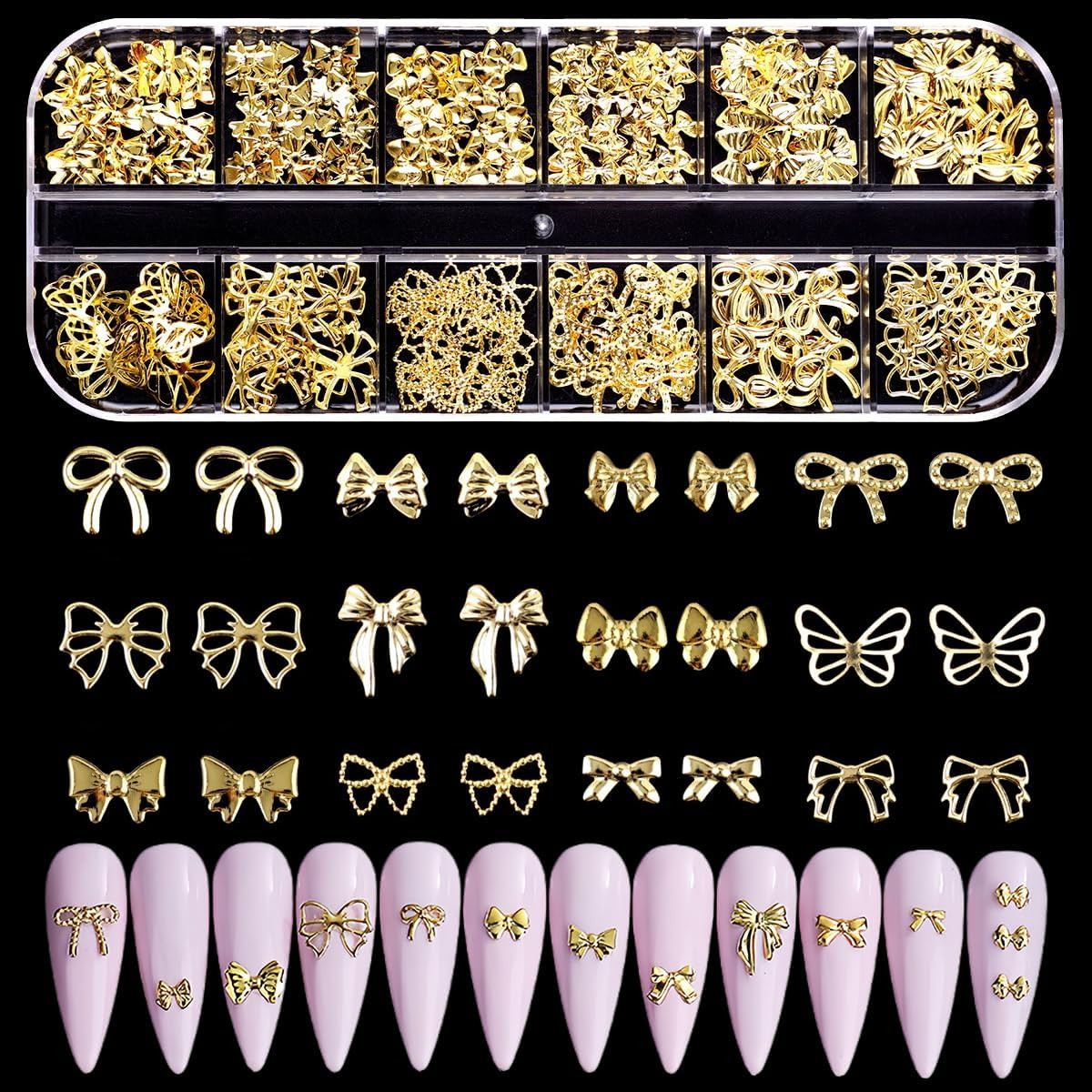 12 Grids Gold Bow Nail Charms 12 Styles Mini Alloy Bowknot Nail Rhinestones Butt