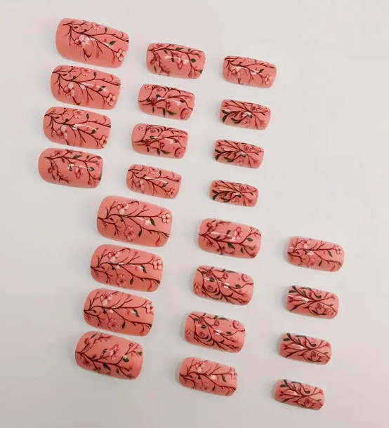 24 Pcs Press-On Nails Medium Square Glossy – Dusty Pink w/Floral Print NOT 3D