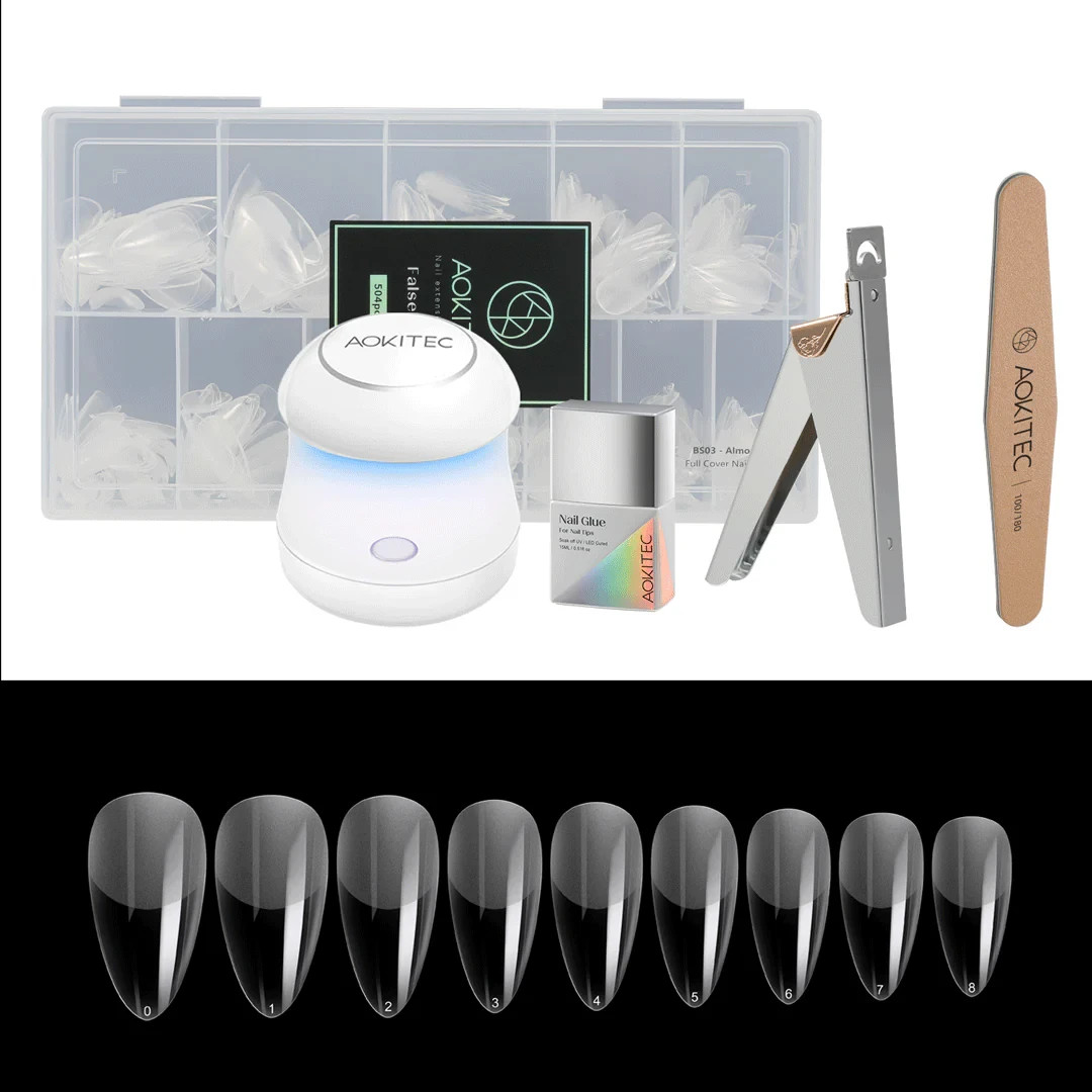 Almond Nail Tips Kit 5pc – UV Lamp, 504 Acrylic Nails, Cutter, Glue, Nail File