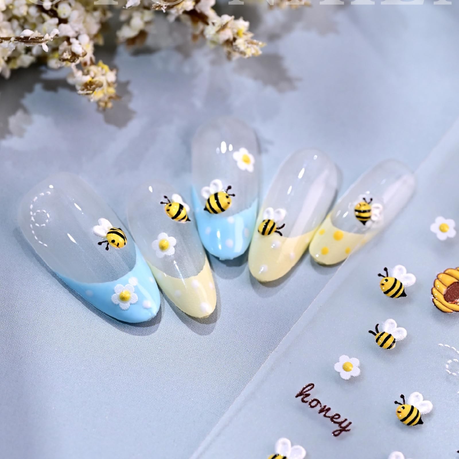 1 Sheet Flower Nail Art Stickers 5D Embossed Cute Bee Nails Decals Spring Dai…