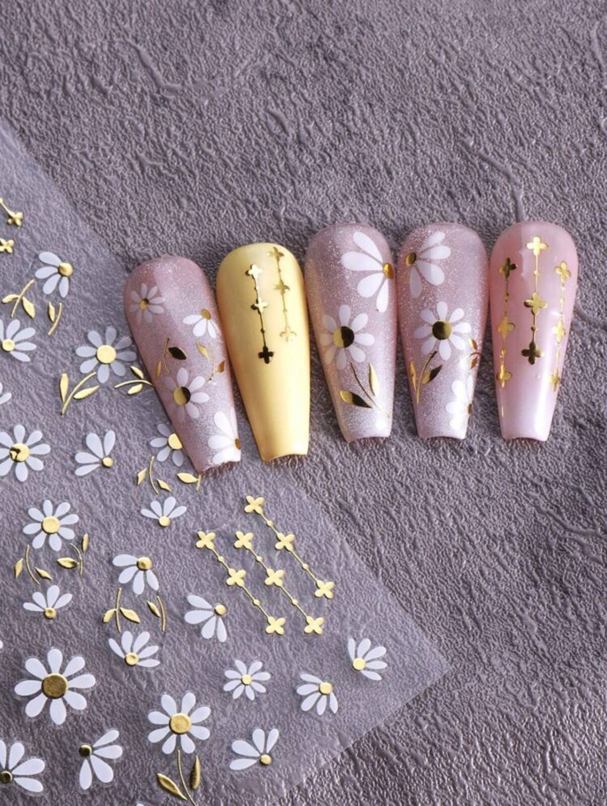 Nail Art Stickers Transfers Spring Summer Daisy White Gold Flowers SWA93