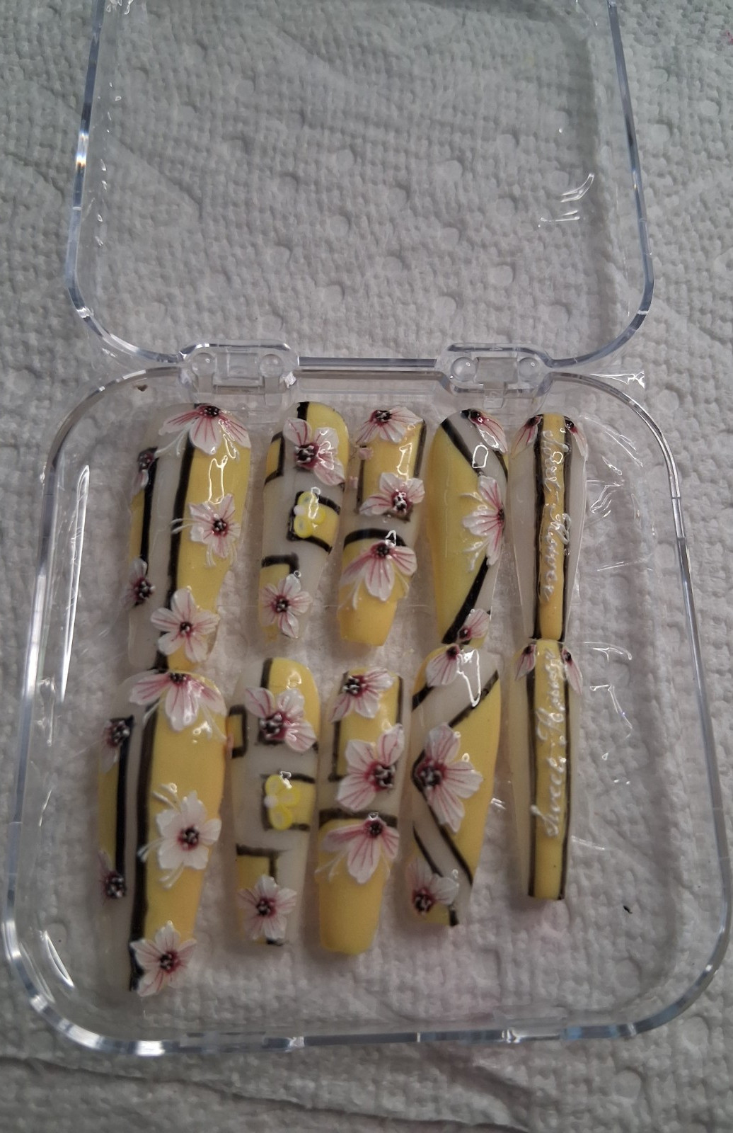 Press On Aftercare yellow pink floral 3D long coffin pre-designed press-on nail…