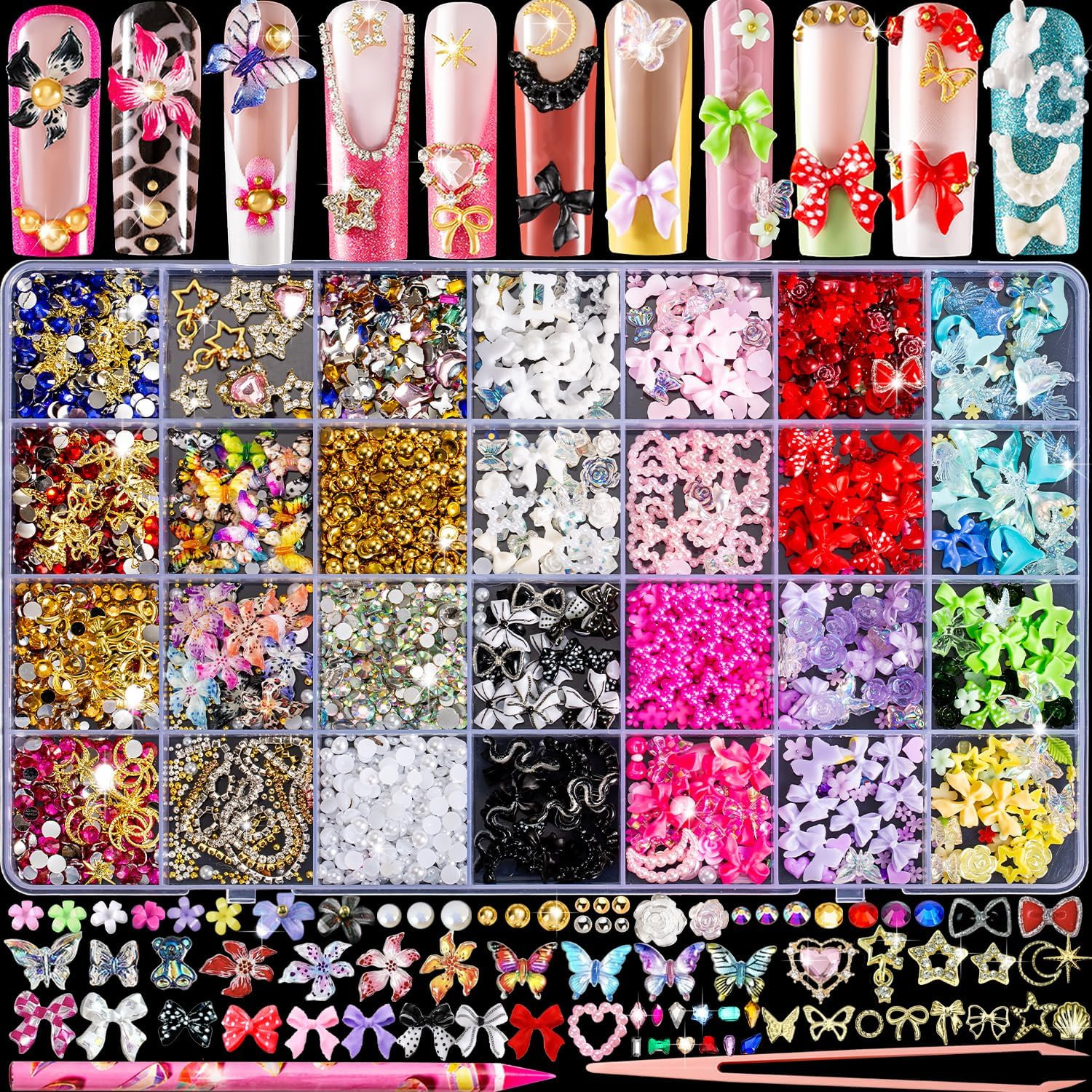 8000Pcs 3D Nail Charms and Nail Gems, Cute Nail Rhinestones and Charms Y2K