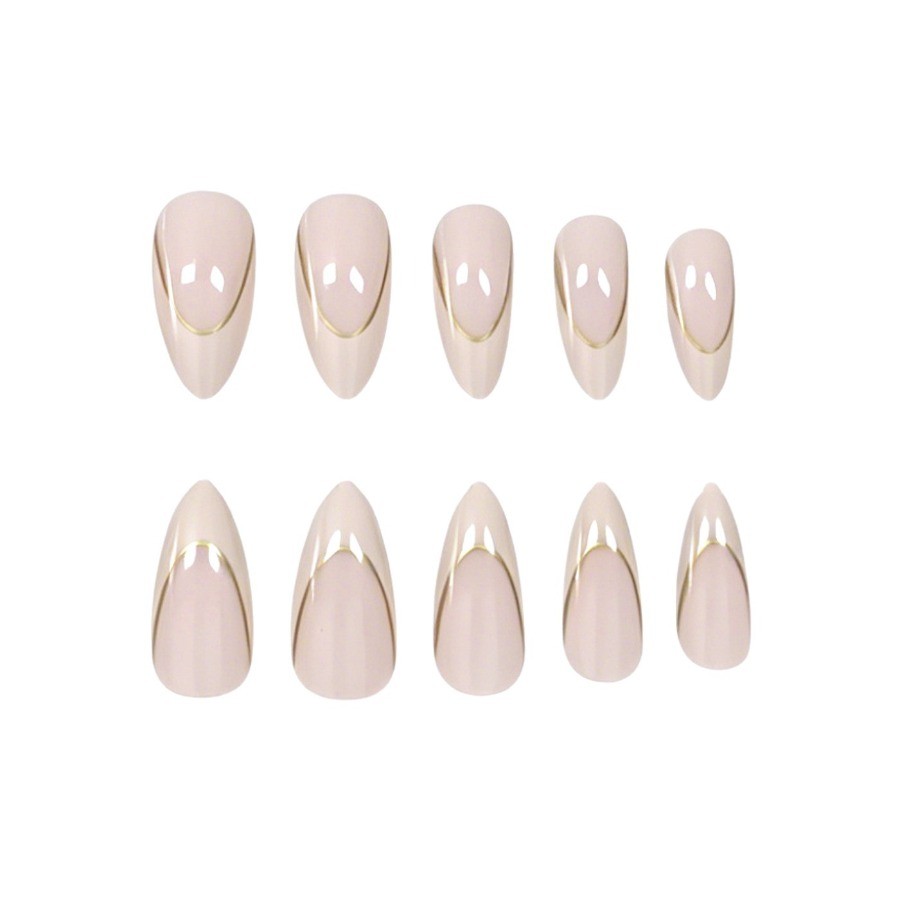 48Pcs-Long Almond Nude White French Thin Gold Line Fake Press on Nails Set