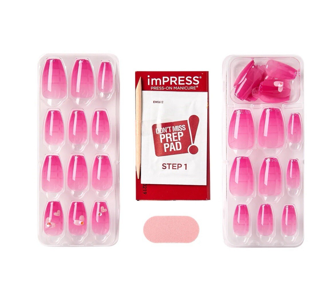imPRESS Press On Nails -No Glue Needed- 30 Count New -Coffin Medium Pink- Hearts