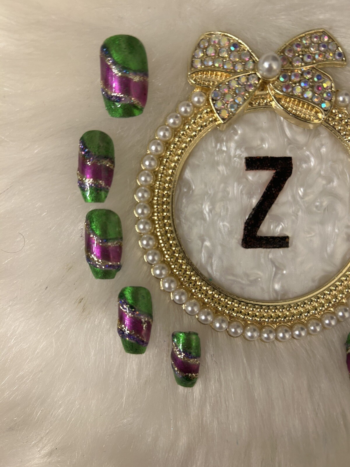 Z NAILZ! Gorgeous Set Of Handmade M Coffin Purple/Green/Gold Press On Nails
