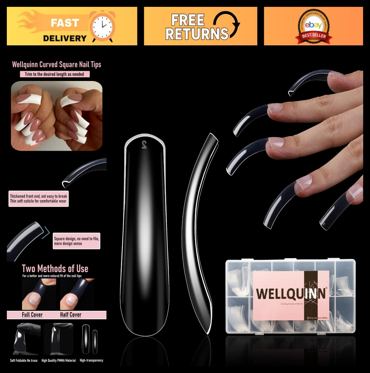 Curved Square Nail Tips – XXL Clear Full Cover Press-On Acrylic Nails, 240pcs, 1
