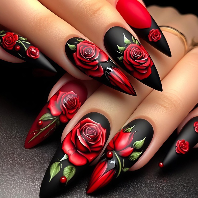 48PCS Long Almond Black 3D Red Rose Burgundy Nail Press Reusable Fake Nails