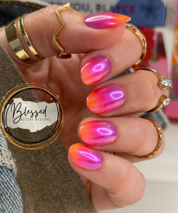 Red Aspen Press On Nails-Sizzle and Swirl, Sage Short Almond Orange Purple Ombre