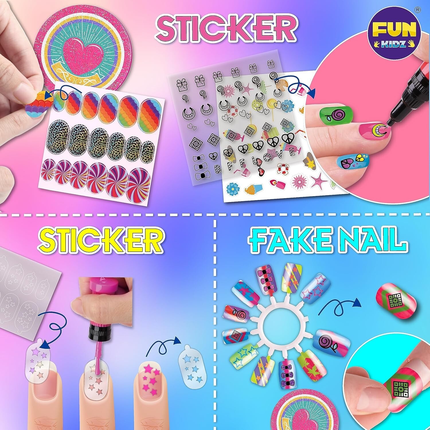 Girls 8-12 Nail Art Combo with 120 Fake Nails and Glitter Pens – Fun DIY Set