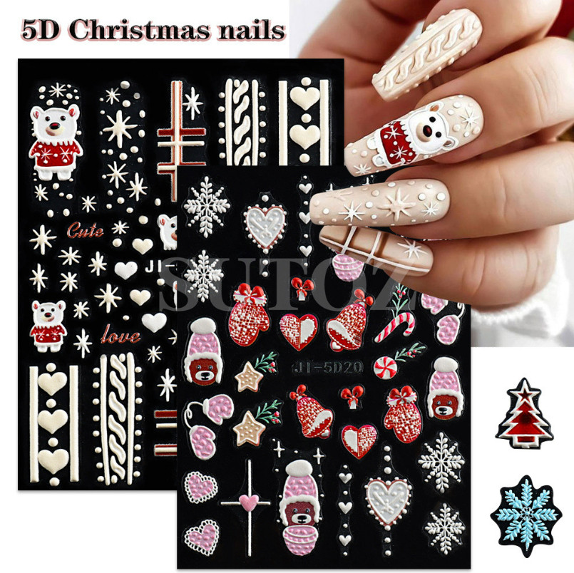 5D Embossed Pink Blue White Christmas Santa Heart Snowflake Nail Stickers Decals