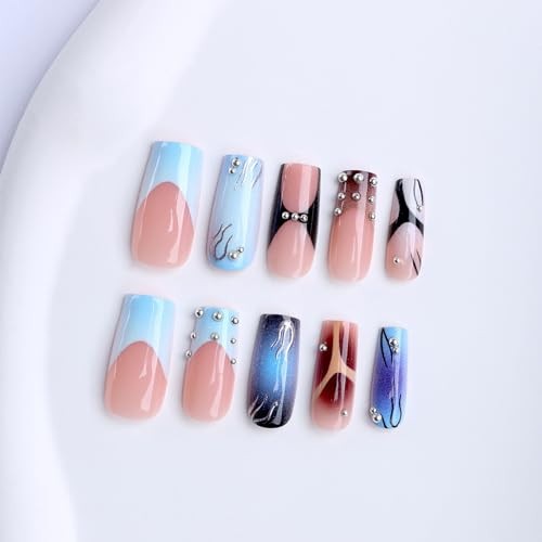 Medium Square Press on Nails, Gradient Blue Pink Acrylic Fake Nails Long 50