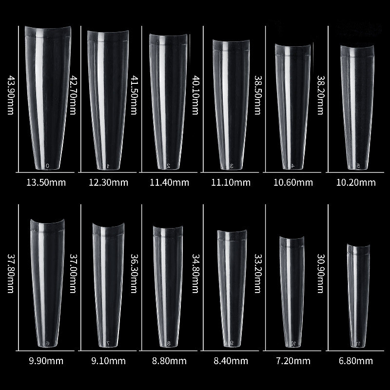 504 Pcs C Curve Coffin False Nail Tips Extra Long XXL Fake Nails 12 Sizes Clear