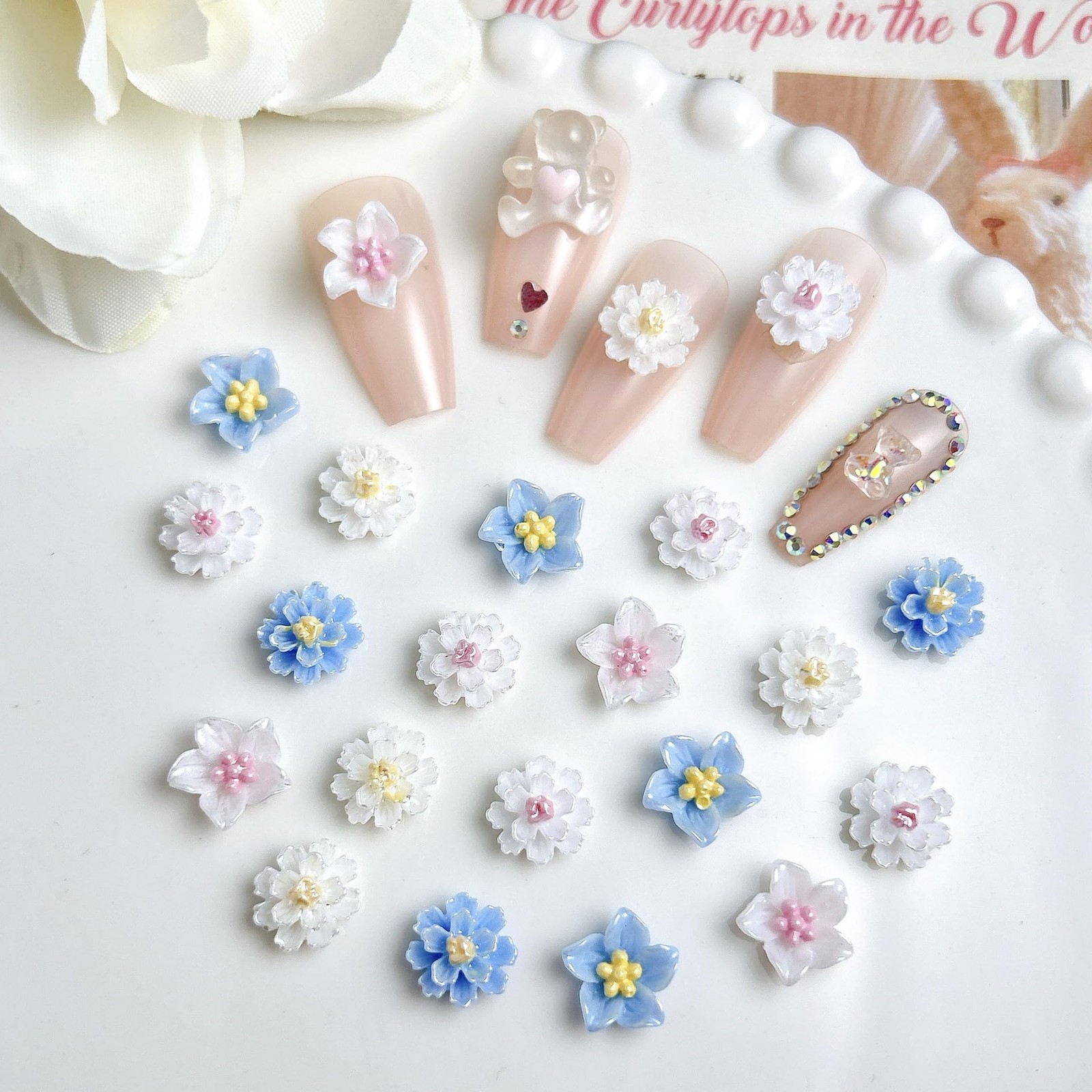 50PCS Flower Nail Art Charms 3D White Blue Roses Camellias Nail Charms DIY Re…
