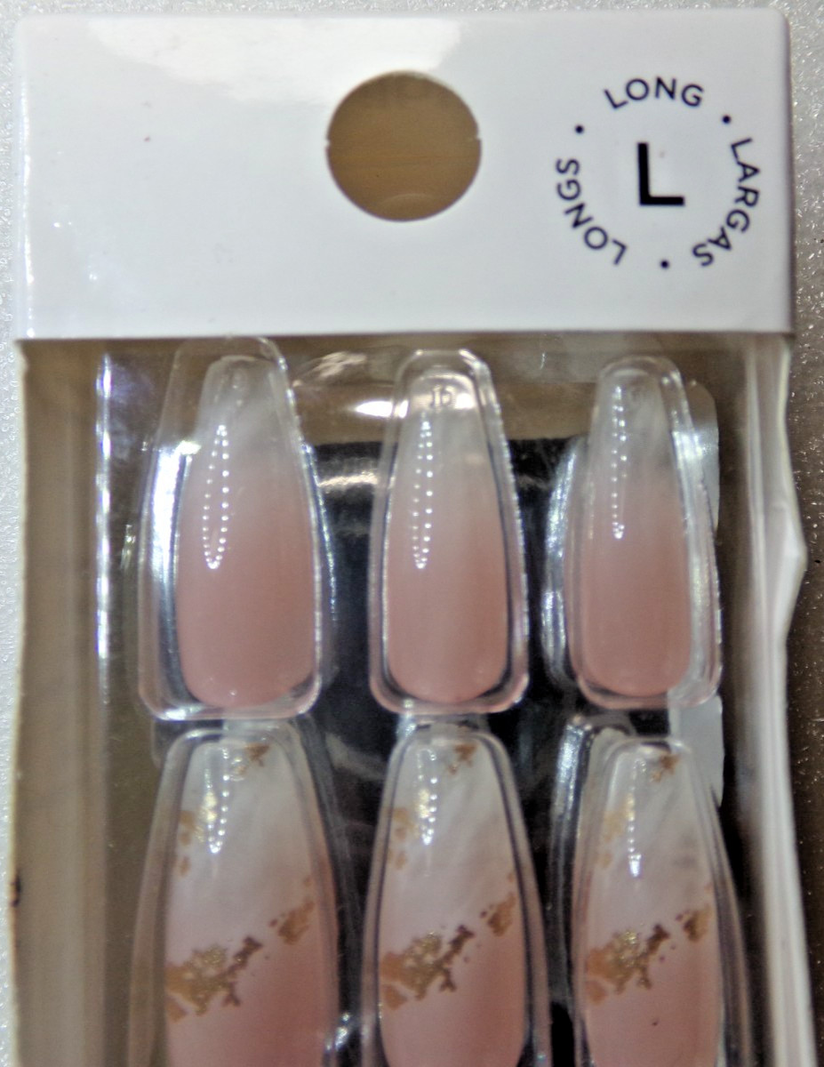 Nail Bliss NAILS GLUE ON Pink Marble Gold Karat Kissed LONG LENGTH, SCULPTED
