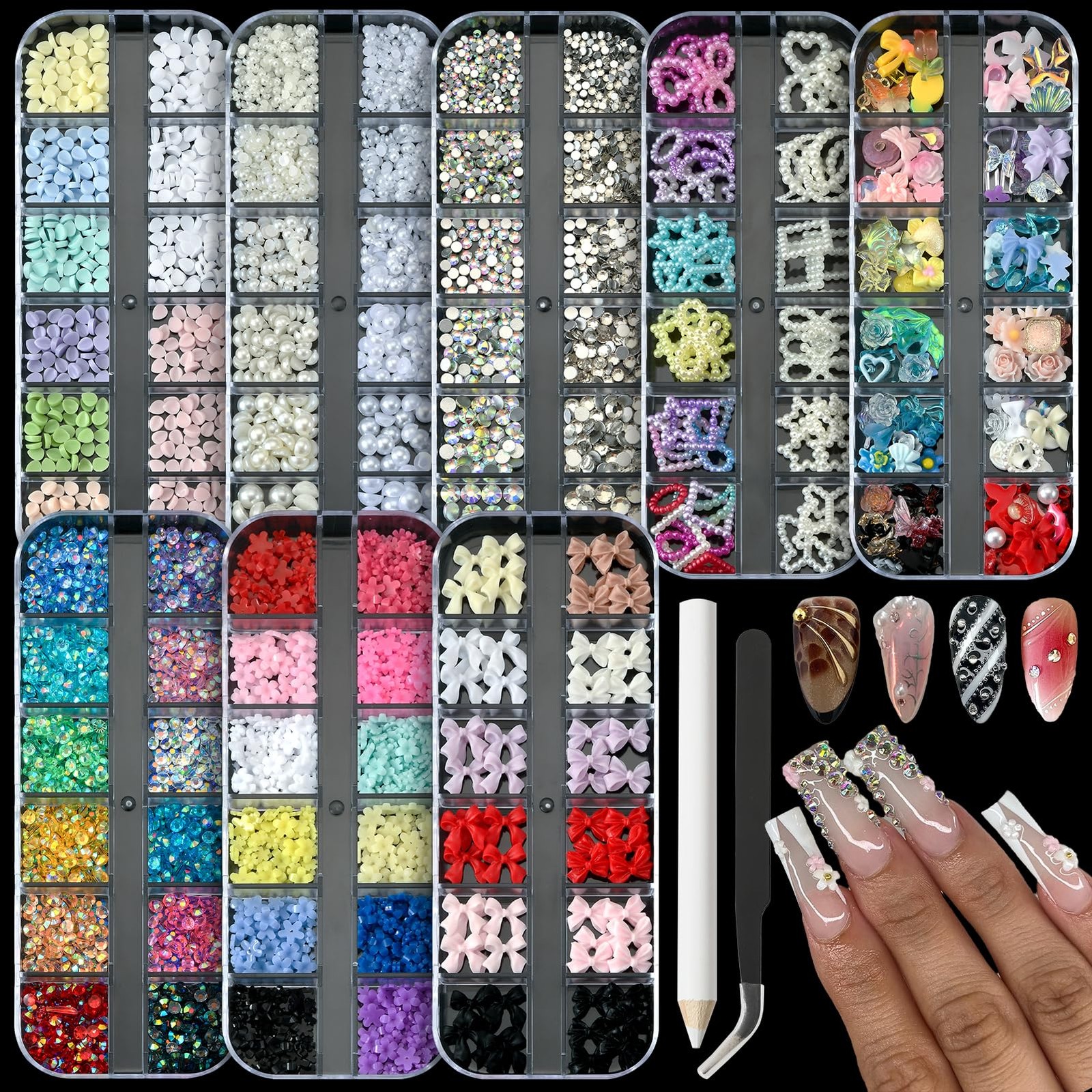 8 Boxes 3D Nail Charms Gems Bulk Flat Back Pearls Stars Flowers Bows Accessories