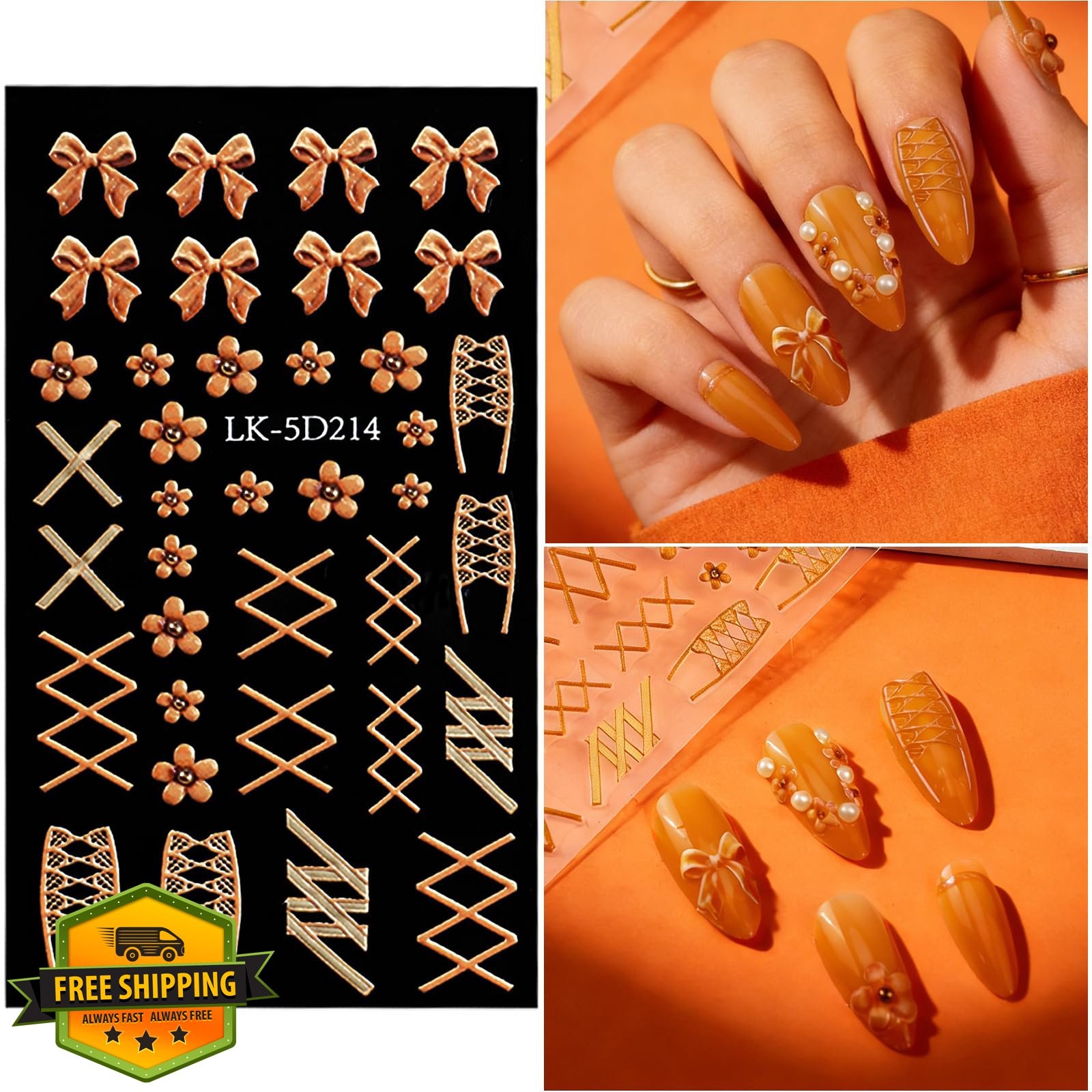 SEMATA Bow Flower Nail Stickers 5D Pearls Rhinestones