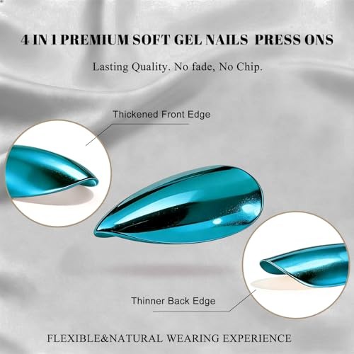 Acrylic Press on Nails Short Almond – Metallic Chrome Press On almond-teal