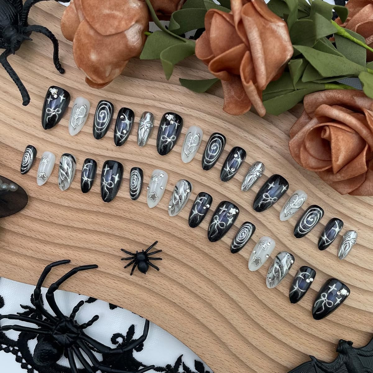 30Pcs Black Silver Y2K Goth Press on Nails Medium Almond False Nails with 3D Chr