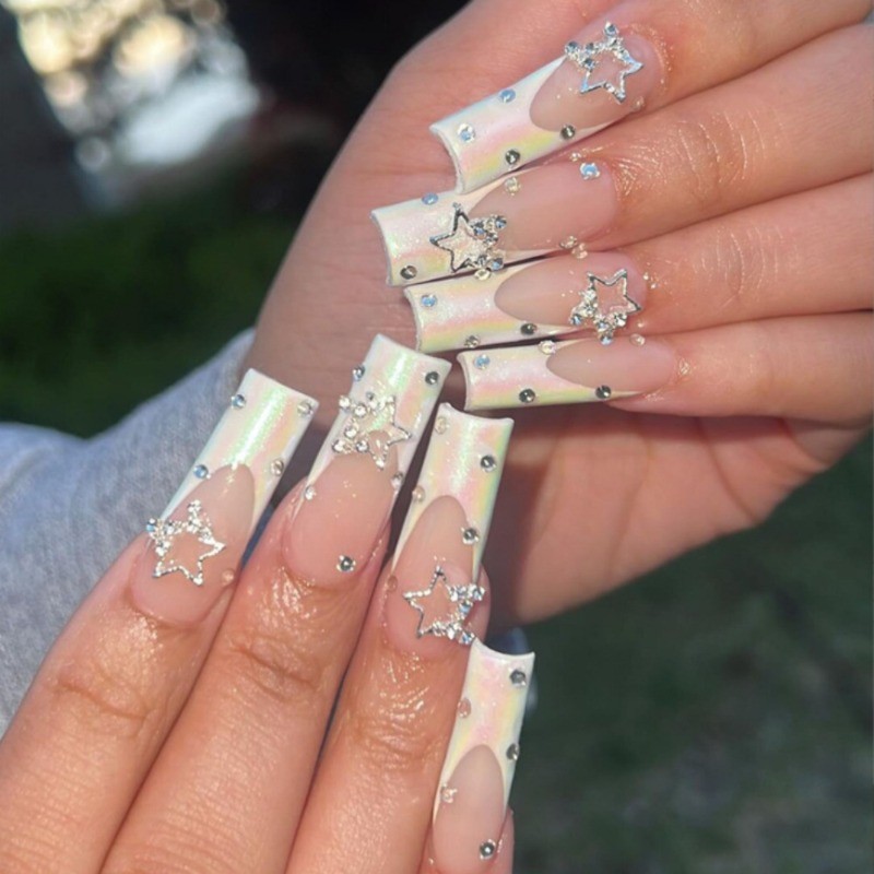 48pcs-Nude Base Nails with Iridescent White French Tips and 3D Star Gem Accents