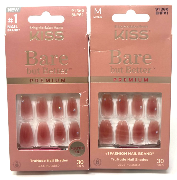 (2) Kiss Bare But Better Premium Nails New In Packaging 91360 BNP01